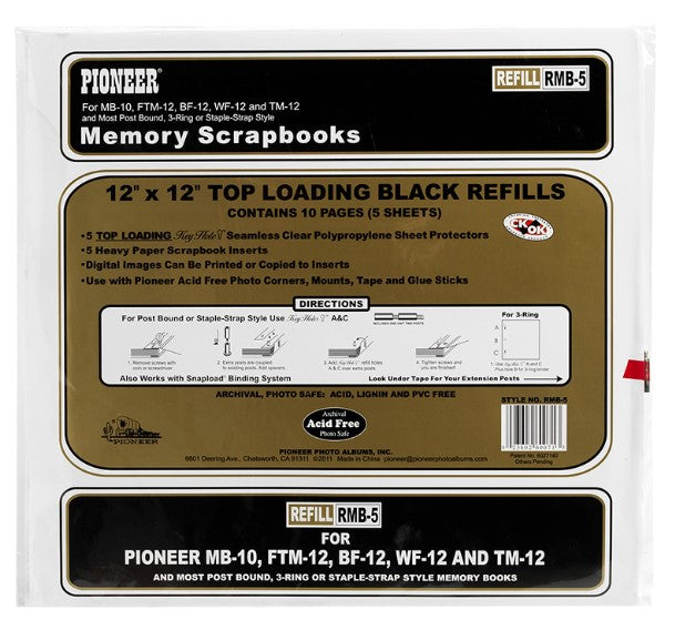 Pioneer Scrapbook Refill Pages, 12" x 12" Top Loading Black Scrap