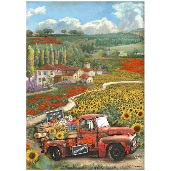 Stamperia Rice Paper A4,  Sunflower Art - Vintage Car