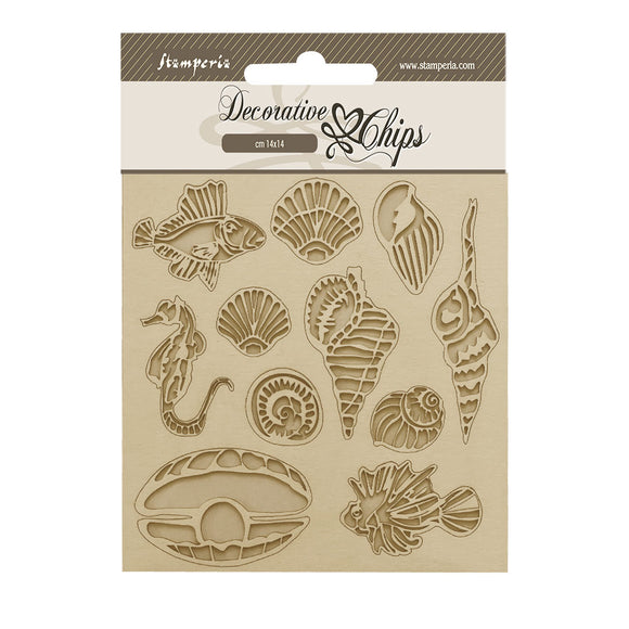 Stamperia Embellishment, Decorative Chips - Songs of the Sea - Shells and Fish