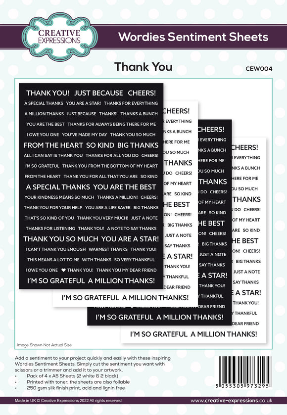 Creative Expressions Embellishment, Wordies Sentiment Sheets - Thank You