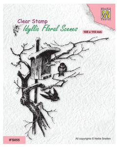 Nellie's Choice Stamp, Idyllic Floral Scene Stamp - Nesting Box With Birds
