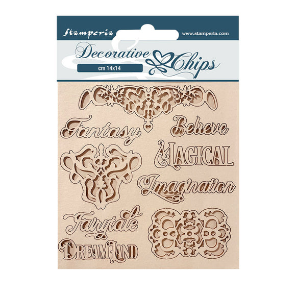 Stamperia Embellishment, Decorative Chips Magic Forest - Writing & Plates